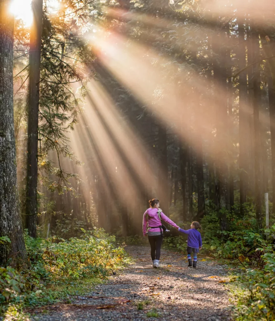 Rayon de lumière dans les arbres qui éclaire une mère et sa fille marchant dans la forêt